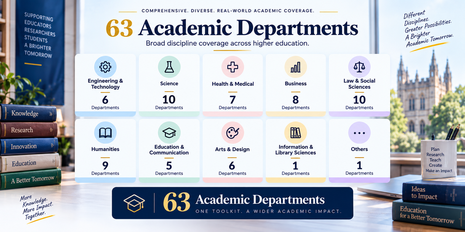 63 Academic Departments: ten discipline groups from Engineering & Technology to Others, with the number of departments in each