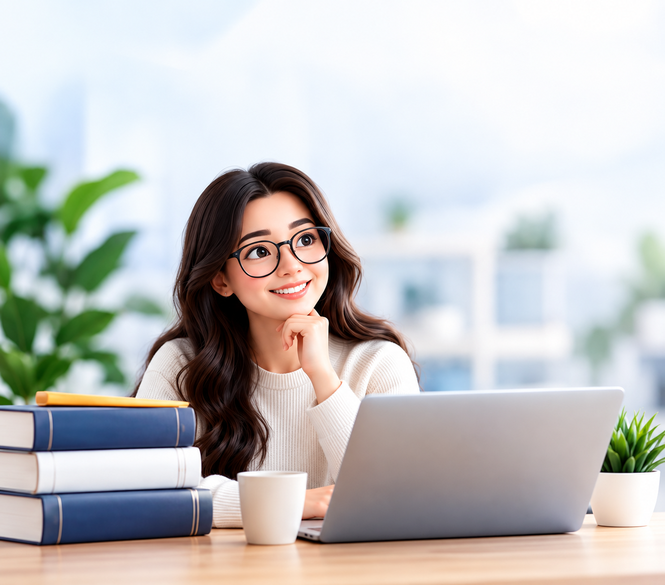 A student researching with a laptop and books