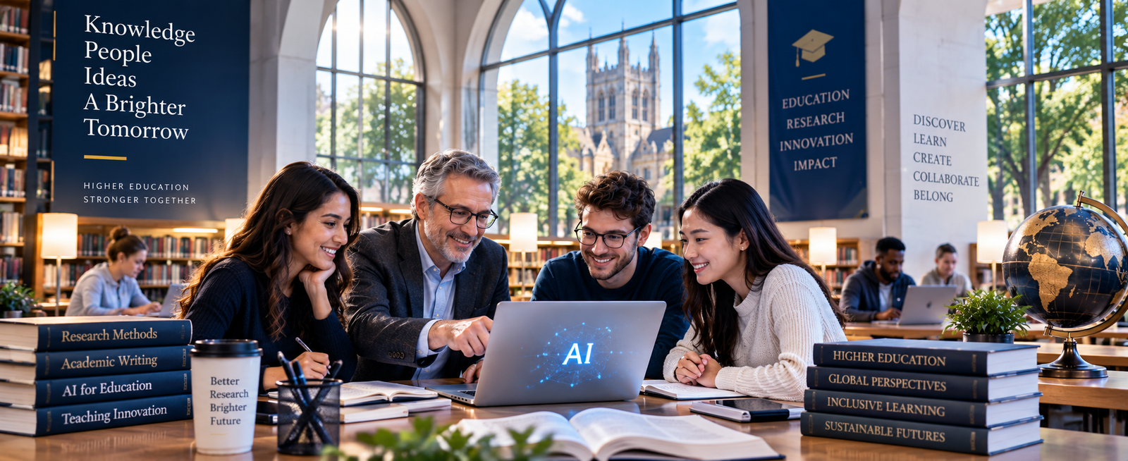 A professor and students gathered around a laptop showing AI in a university library